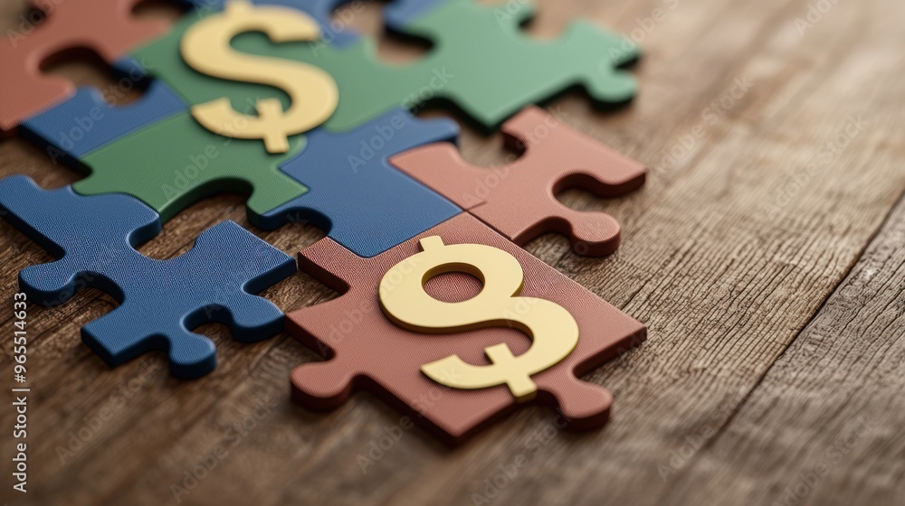 Poster financial puzzle assembly with currency symbols - with copy space and selective focus on foreground 