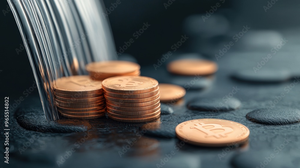 Aufkleber digital coin cascade - financial flow concept in with copy space and selective focus on foreground. 