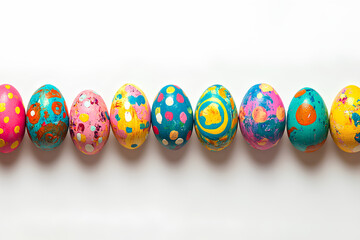 Colorfully decorated Easter eggs arranged in a row on a white background.
