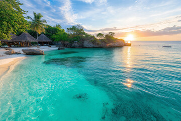Fototapeta premium A beautiful beach with a large body of water and a large rock in the middle