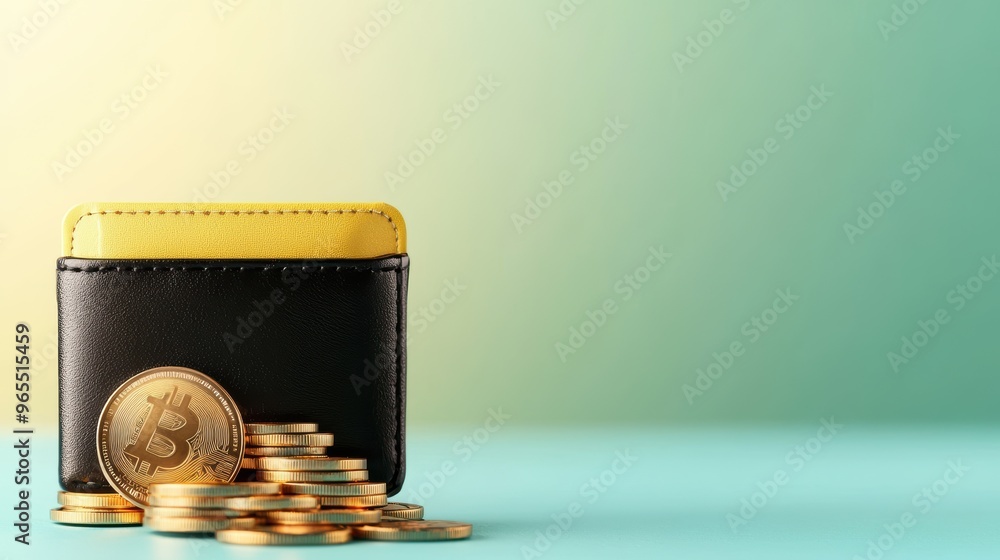 Poster digital wallet with coins flowing for financial accumulation - with copy space and selective focus o