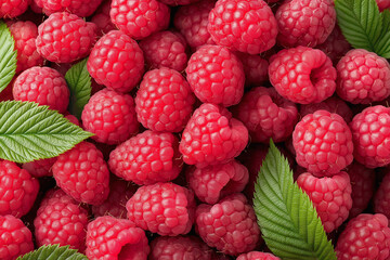 Fresh raspberries with green leaves