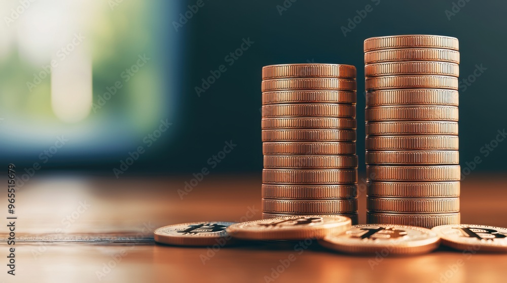 Poster towering coin stack symbolizing financial growth - with copy space and selective focus in