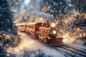ed Christmas train with white lights and gold decorations is moving through the snowy forest, creating an enchanting scene. 