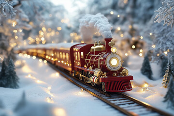 ed Christmas train with white lights and gold decorations is moving through the snowy forest, creating an enchanting scene. 