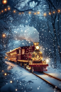 ed Christmas train with white lights and gold decorations is moving through the snowy forest, creating an enchanting scene. 