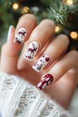 photo of minimalist Christmas-themed nail art on light-skinned hands, with a white and burgundy-red color palette and small, simple reindeer decorations, presents, and a tree.