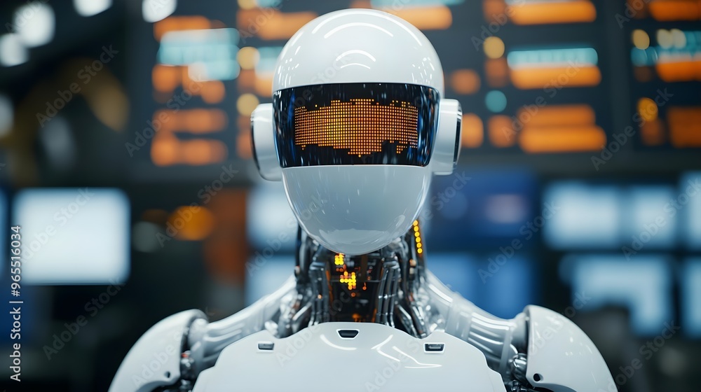 Poster futuristic robot head with glowing display