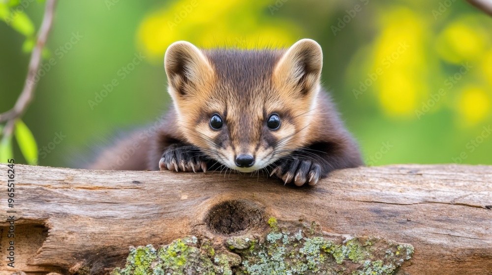 Wall mural A small animal sitting on top of a log with its eyes closed, AI