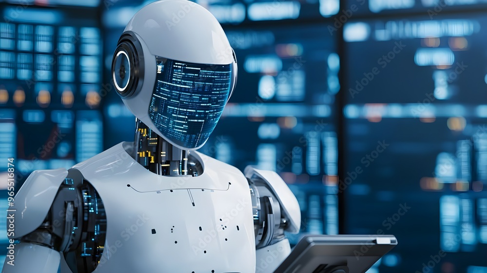 Poster futuristic robot with digital interface - ai technology stock photo