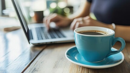 Working on laptop with a ceramic cup of coffee.
