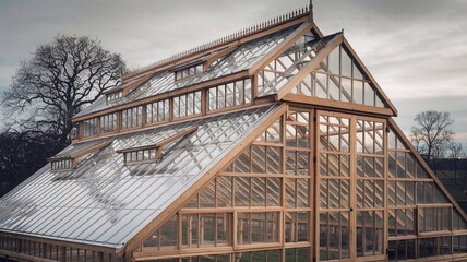 Obraz premium Building a large wooden greenhouse for vegetable cultivation Timber structure designed for growing vegetables Unusedglasshouse coated with bitumen mastic during early spring Agriculture