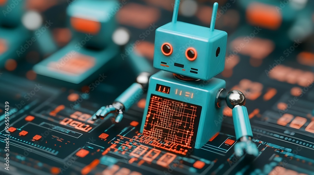 Poster futuristic robot working on digital interface