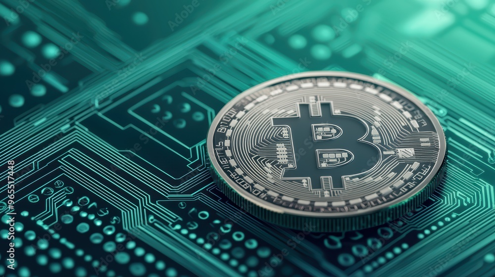Poster futuristic digital currency transfer holographic interface in high-tech financial environment - with