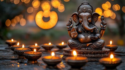 Ganesha Statue with Candles and Bokeh Lights