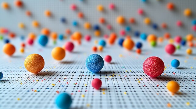 A colorful 3D papercraft scatter plot, small paper beads in various hues on a slightly elevated grid, clean background, smooth lighting and shadows, intricate dot textures,