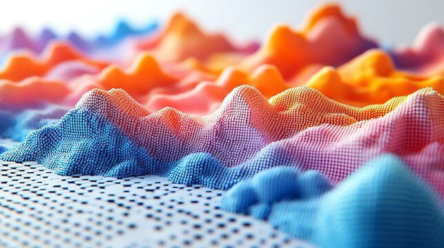 A colorful 3D papercraft scatter plot, small paper beads in various hues on a slightly elevated grid, clean background, smooth lighting and shadows, intricate dot textures,