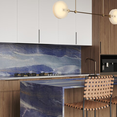 Modern kitchen design with quartzite countertop - detail of interior with faucet and home appliances. Azul Bouquira