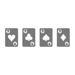 Queen of hearts, clubs and diamonds vector icons. Queen playing card deck icon set.