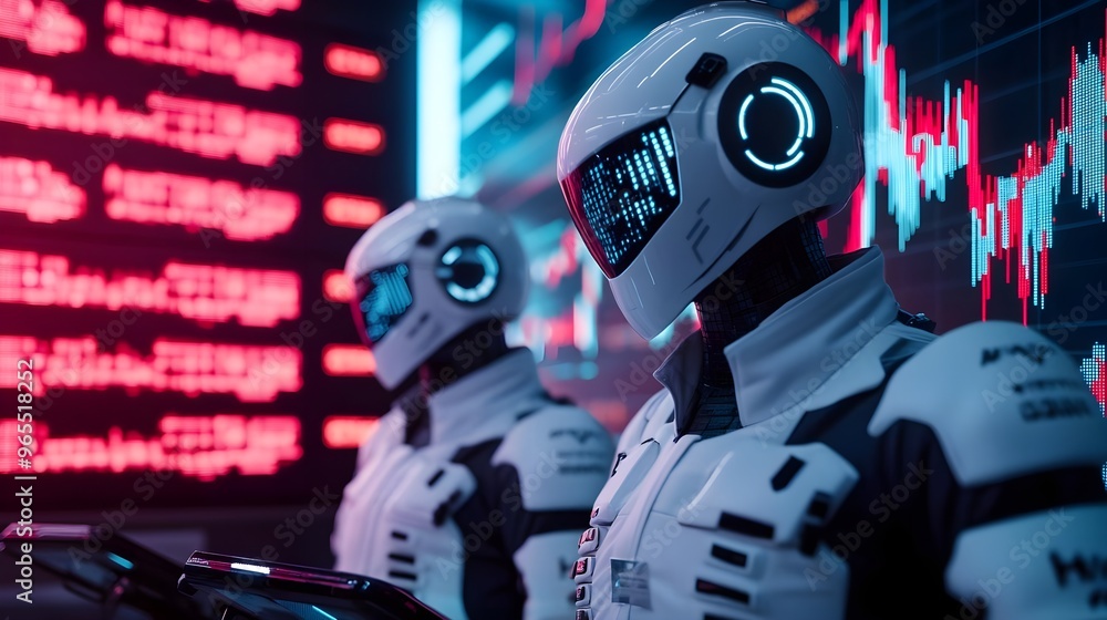 Poster futuristic robots analyzing data in neon lit room