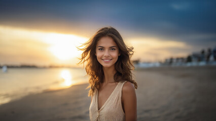 A radiant brunette girl with flawless skin beams at the camera, her natural makeup glowing in the sunlight. Her neat hair and joyful expression capture the essence of youthful beauty