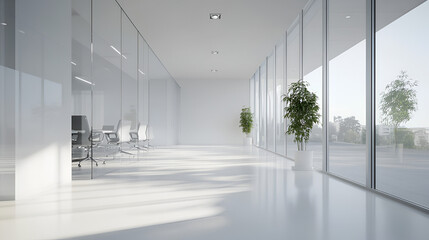 White, minimalist, modern office hallway or corridor