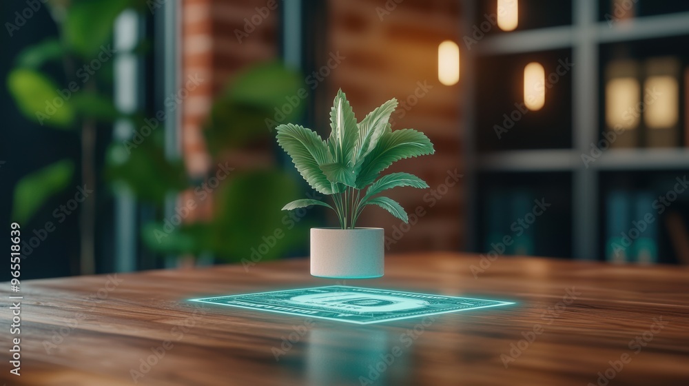 Poster futuristic augmented reality currency management in modern office setting | with copy space and sele