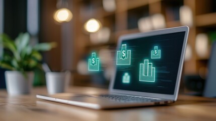 Futuristic Augmented Reality Currency Management in Modern Office Setting with Copy Space and Selective Focus