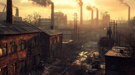 Fototapeta premium A photorealistic industrial district, with gritty, weathered buildings, smoke stacks, and heavy machinery, showcasing the raw and rugged side of the city's infrastructure and economy