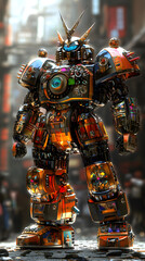 In the Japanese tokusatsu style of the Showa period, present the image of a huge robot