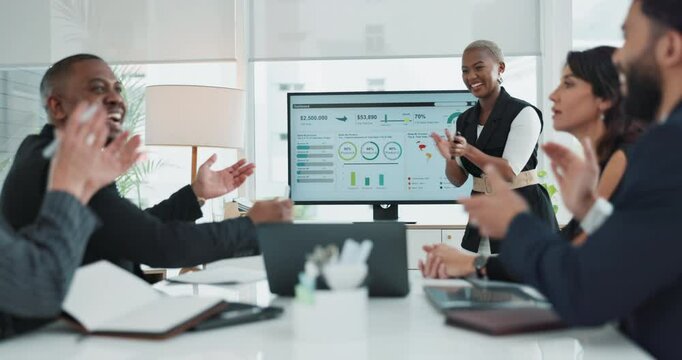 Business people, meeting and presentation screen with applause, diversity and data analysis in tech company. Team, collaboration and development for workshop, analytics or discussion in brainstorming