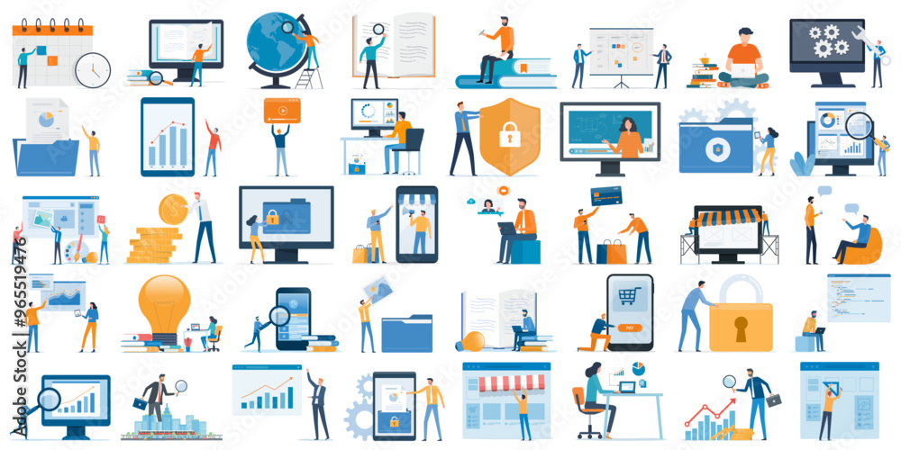 Poster set business flat vector illustration design cartoon character working action style concept. online 