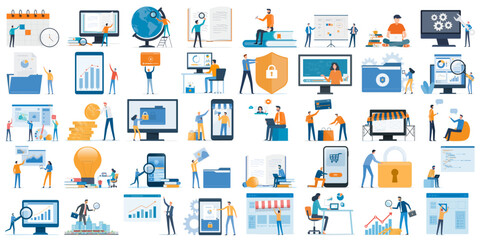 set business flat vector illustration design cartoon character working action style concept. online video conference meeting. business planning. data analytics. finance investment.
