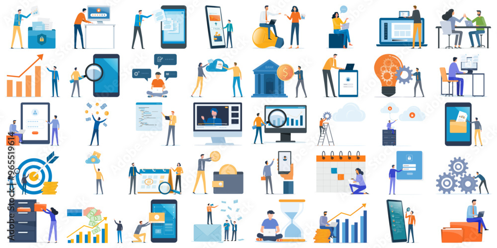 Poster set business flat vector illustration design cartoon character working action style concept. online 