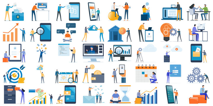 set business flat vector illustration design cartoon character working action style concept. online video conference meeting. business planning. data analytics. finance investment.
