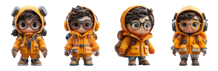 set of cartoon characters in yellow jackets with backpacks and glasses on transparent background PNG