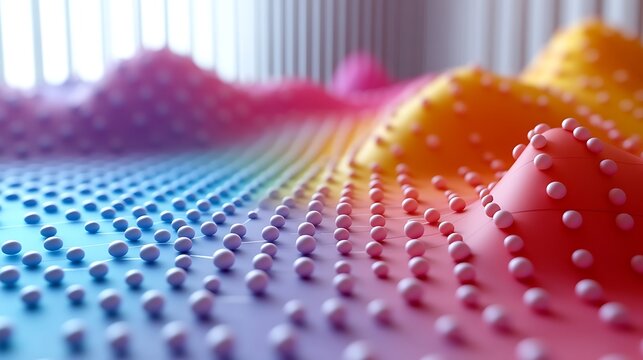 A creative 3D papercraft scatter plot, colorful dots of paper beads on an elevated grid, varying sizes to represent data points, soft lighting, precise paper folds, sharp details, minimalist backdrop,