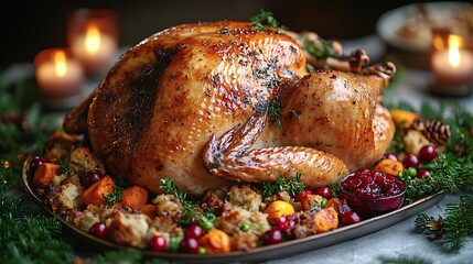 A perfectly roasted American turkey, golden-brown and glistening, surrounded by cranberry sauce, stuffing, and vegetables, served on a holiday table with warm candlelight, rustic and inviting setting,