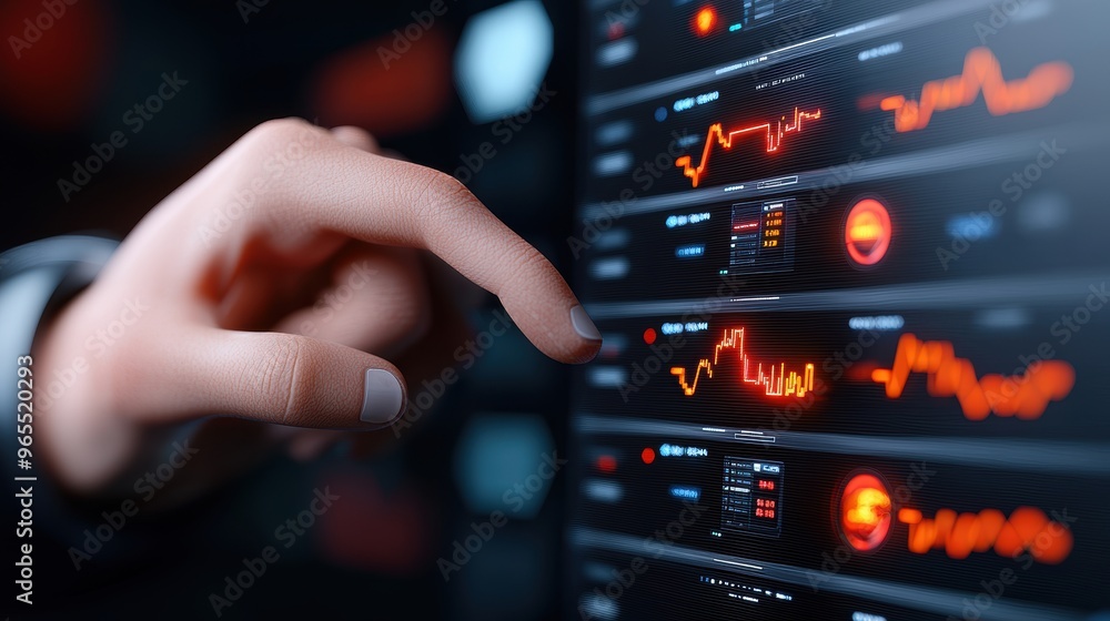 Poster virtual wealth monitoring in transparent screens - futuristic financial environment with copy space 