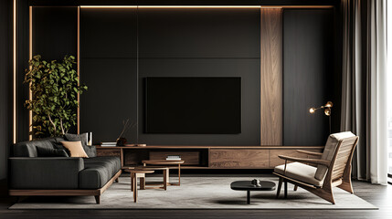 Contemporary, opulent living room with dark interior backdrop