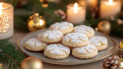 A plate of Greek Kourabiedes (butter cookies) dusted with powdered sugar, set on a festive Christmas table with candles, pine branches, and gold ornaments,