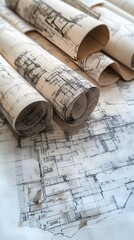Rolled Up Architectural Drawings with Detailed Floor Plan
