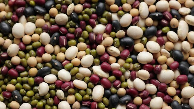 Top view of soybean black beans red beans mung beans with white beans background 