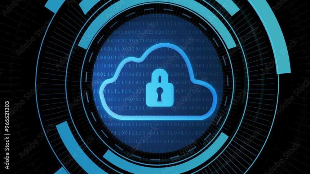 Poster animation of padlock and cloud icon with scope scanning on black background
