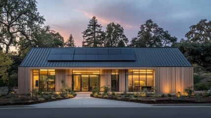 Obraz premium Modern wooden house with solar panels on the roof and a paved path leading to the entrance in a park setting at dusk.