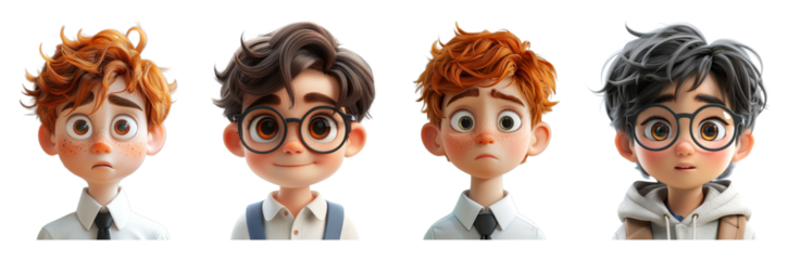 set of cartoon boys with glasses and different hairstyles on transparent background PNG