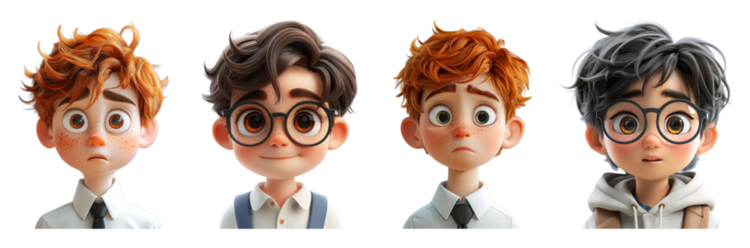 set of cartoon boys with glasses and different hairstyles on transparent background PNG - Powered by Adobe