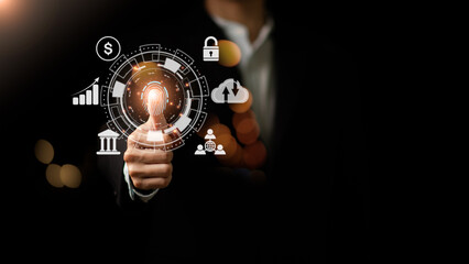 digital security unlock or encryption concept,secure login authorization,internet security,protection against cyber threats,Secure storage through cloud computing,Businessman showing login