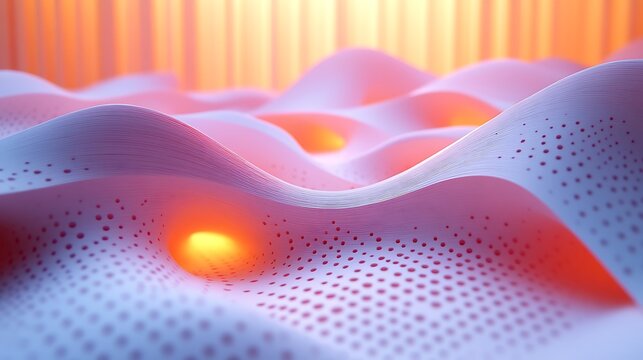 A detailed 3D papercraft scatter plot, pastel-colored paper dots of varying sizes placed on a raised paper grid, glowing light, soft shadows, precise paper cuts, minimalist background,