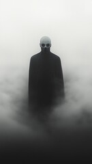 Mysterious figure in dark cloak surrounded by mist